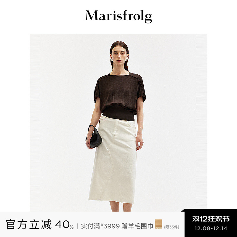 【轻密针织】玛丝菲尔夏时尚圆领卷边设计棕色针织上衣女