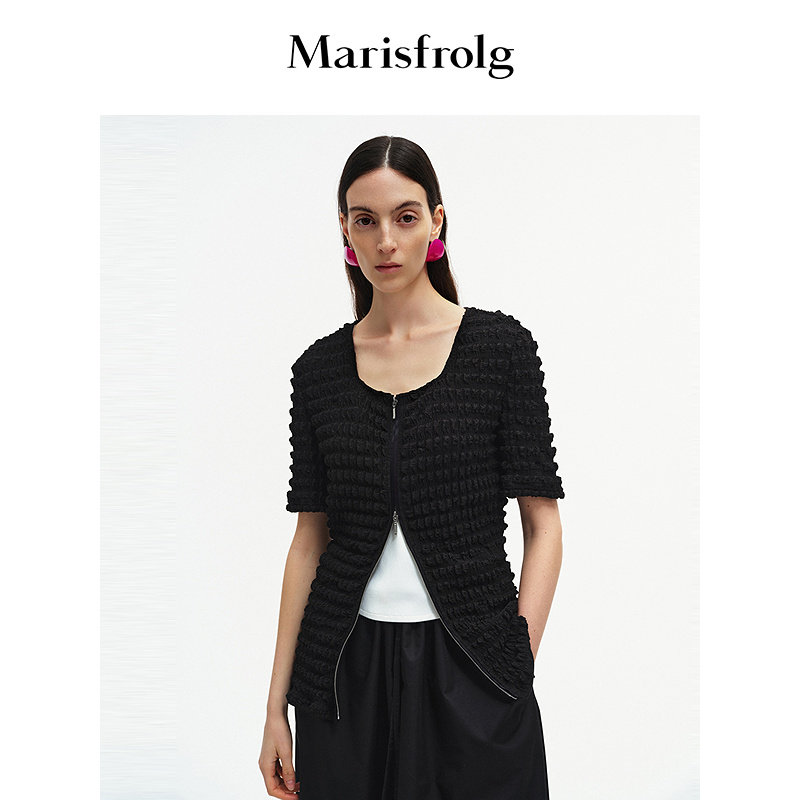 【预售】Marisfrolg玛丝菲尔秋款经典黑色菠萝纹压褶修身短袖外套