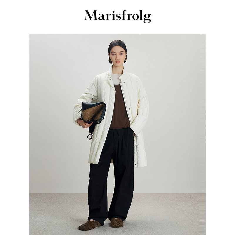 Marisfrolg玛丝菲尔2025冬新款立领肌理感米白色中长款宽松羽绒服