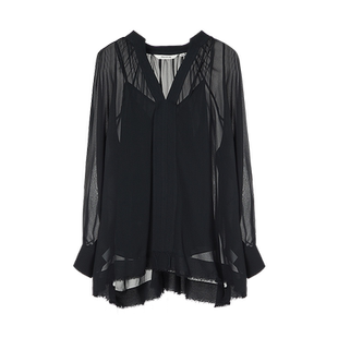 【精简美学】玛丝菲尔秋优雅V领毛边下摆桑蚕丝乔其上衣