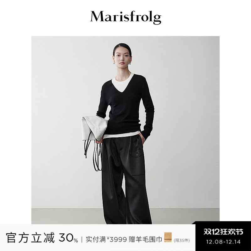 【轻密针织】Marisfrolg玛丝菲尔年冬黑色纯羊毛针织上衣