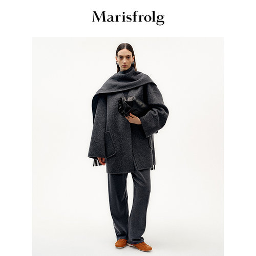 Marisfrolg玛丝菲尔2025冬新款立裁围巾披肩大衣灰色毛呢外套