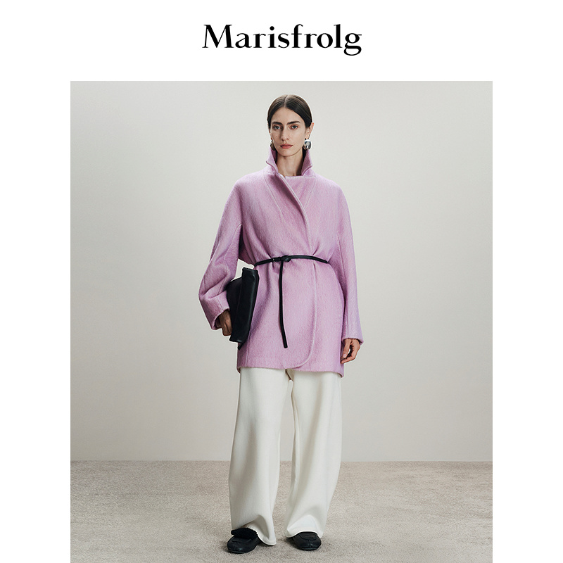 Marisfrolg玛丝菲尔2025冬新款淡紫大翻领单扣保暖廓形大衣外套