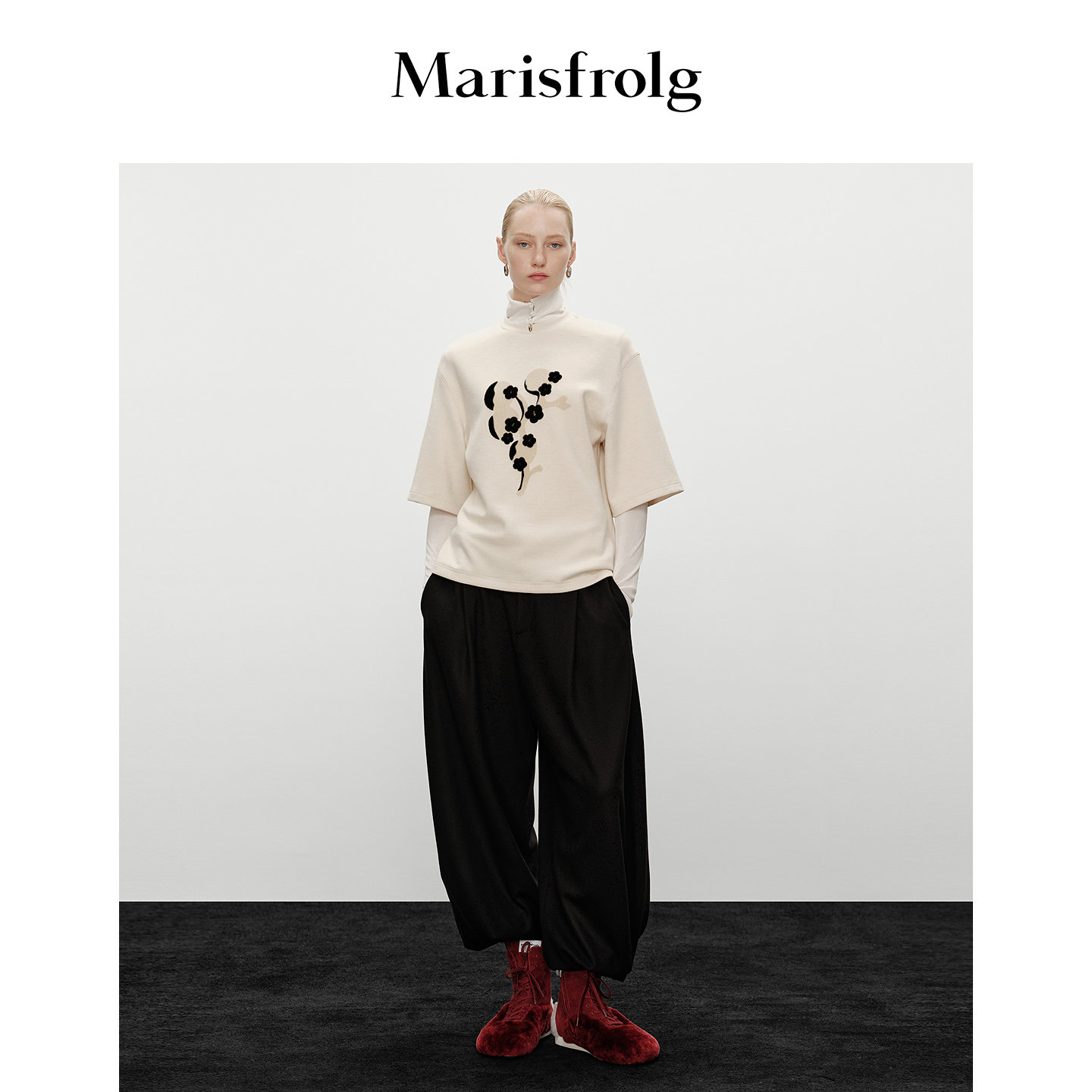 Marisfrolg玛丝菲尔T恤2026冬新款时尚休闲百搭五分袖宽松上衣