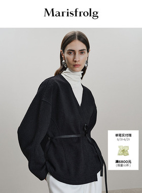Marisfrolg玛丝菲尔2025冬新款黑色V领落肩廓形收腰毛呢大衣外套