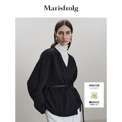 Marisfrolg玛丝菲尔2025冬新款黑色V领落肩廓形收腰毛呢大衣外套