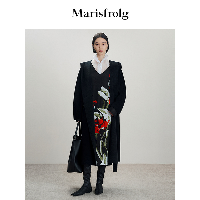 Marisfrolg玛丝菲尔2025冬新款大翻领连帽长款大衣毛呢外套
