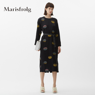 Marisfrolg玛丝菲尔女装2021年春季新款圆领长袖系带中长款连衣裙