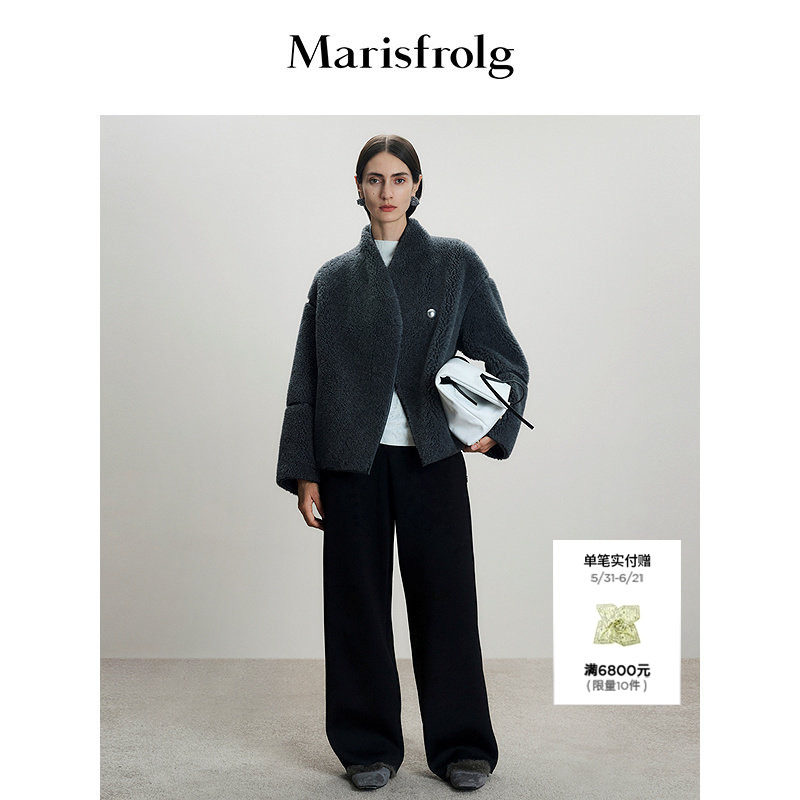 Marisfrolg玛丝菲尔2025冬新款弧形立领短款毛呢大衣环保皮草外套