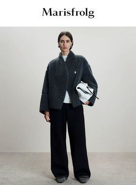 Marisfrolg玛丝菲尔2025冬新款弧形立领短款毛呢大衣环保皮草外套