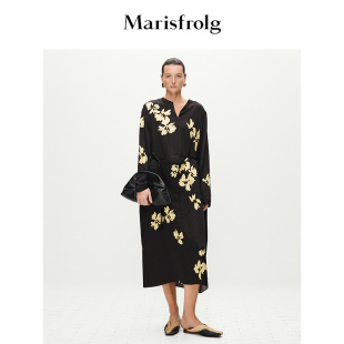 【新能量黑裙】Marisfrolg玛丝菲尔春新款V领印花收腰连衣裙