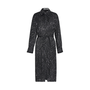 玛丝菲尔秋季黑色衬衫式长袖连衣裙气质收腰休闲长裙