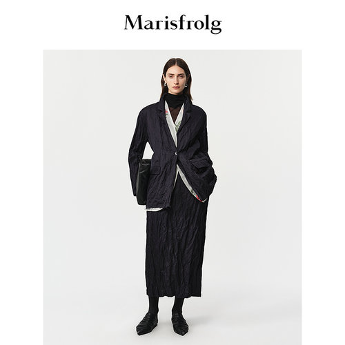 Marisfrolg玛丝菲尔2025冬新款黑色宽松自然褶皱挺括廓形西装外套