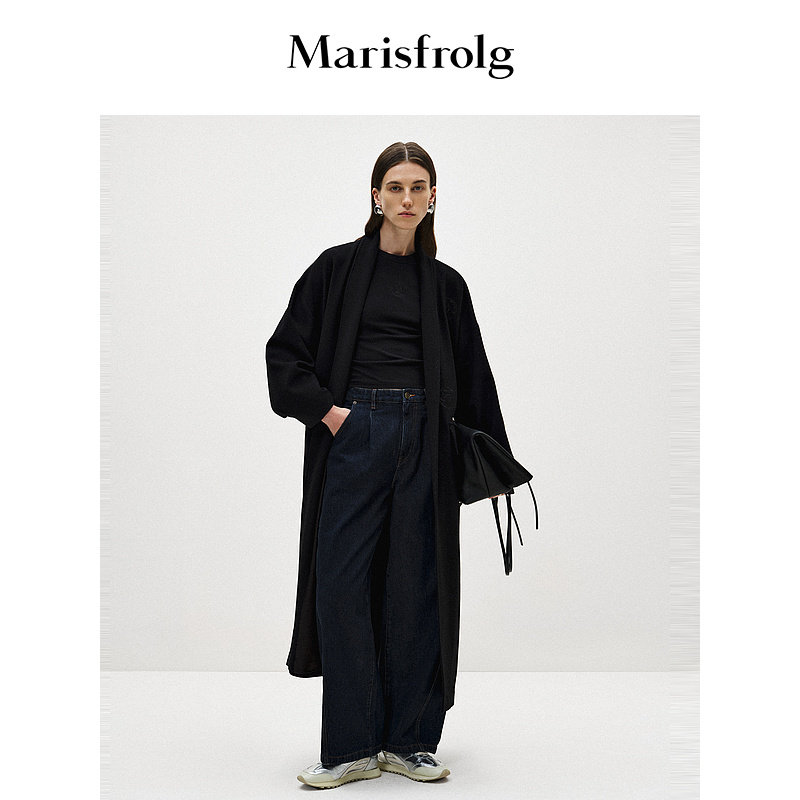 【艺术时装】玛丝菲尔春季黑色长款羊毛毛呢大衣外套女