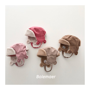 小童雷锋帽秋冬季可爱小熊羊羔毛加厚保暖帽子宝宝护耳帽瓜皮帽