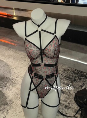 mrspanda黑红血浆豹纹连体衣绑带御姐性感欧美显瘦套装两件网纱