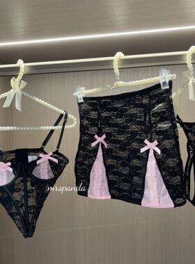 Mrspanda.粉雾玫瑰黑粉拼色三件套胸衣半裙性感欧美蕾丝透视甜辣