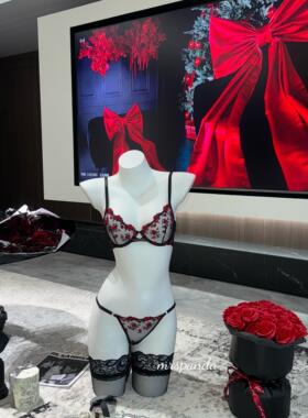 MrsPanda·红杏出墙·刺绣红色蕾丝网纱透视文胸套装性感御姐黑色