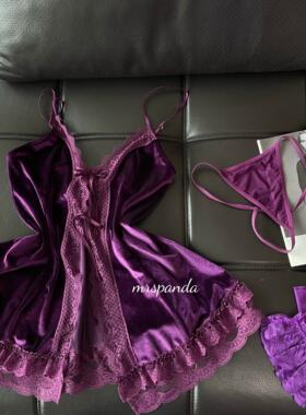 Mrspanda.紫罗兰紫色丝绒内衣吊带睡裙蝴蝶结绑带秋冬款蕾丝性感