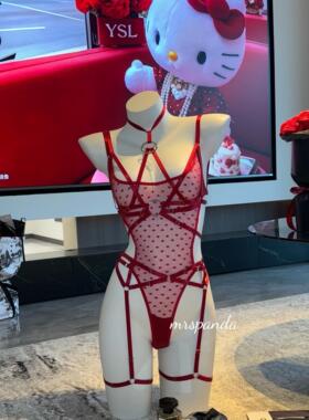 Mrspanda.烈焰红唇红色蕾丝刺绣波点绑带连体衣套装透视性感捆绑