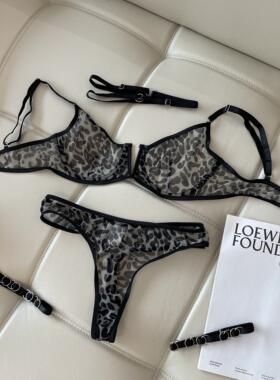 Mrspanda.热吻黑色豹纹内衣三件套V领网纱欧美性感御姐狂野可外穿