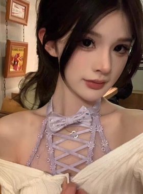 mrspanda续写童话紫色烫钻甜美蝴蝶结透视吊带挂脖叠穿蕾丝水钻