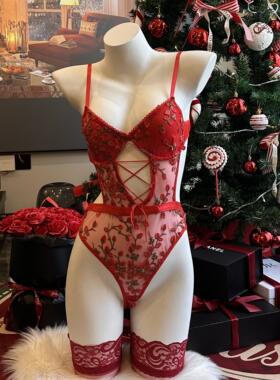 MrsPanda·烈爱之晨·性感蕾丝刺绣连体情趣胸衣镂空显白节日红色