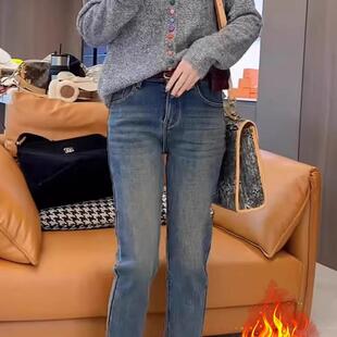 蓝色加绒牛仔裤女秋冬新款大码显瘦小个子高腰九分弹力直筒烟管裤