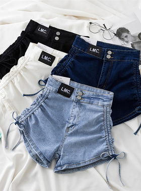 皮牌抽绳系带纯欲辣妹热裤高腰超短牛仔裤女韩版夏季新款A字百搭