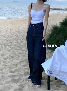 深蓝色牛仔裤女2026秋秋季上新设计感高腰宽松显瘦直筒拖地阔腿裤