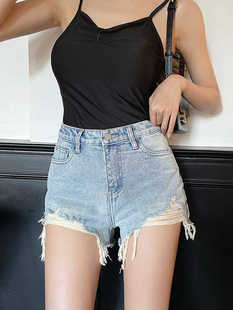 宽松a字阔腿热裤 美式 薄款 女2026夏季 辣妹浅蓝色破洞毛边牛仔短裤