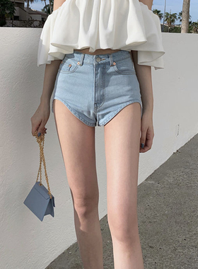 浅色牛仔短裤女夏季新款设计感修身纯色水洗高腰a字网红超短热裤