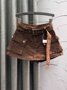 美拉德咖啡色高腰牛仔短裤裙女2026春夏时尚假两件A字工装短裙潮