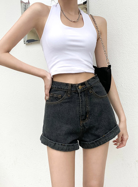 灰色牛仔短裤女夏2026新款外穿高腰宽松网红a字韩版胖mm卷边热裤