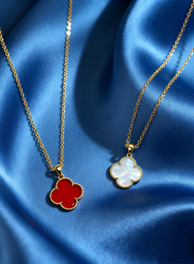 纯银项链女款925银四叶草红玛瑙白贝母锁骨链轻奢2025新款高级感