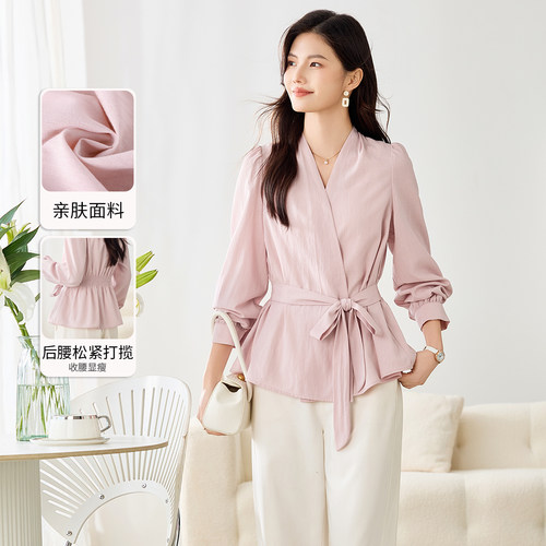 3S女装2026春季轻熟优雅风V领系带收腰衬衫女长袖松弛感设计感