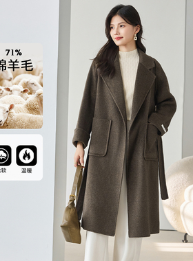 3S女装2025冬绵羊毛西装式毛呢外套女中长系带收腰高级感气质大衣