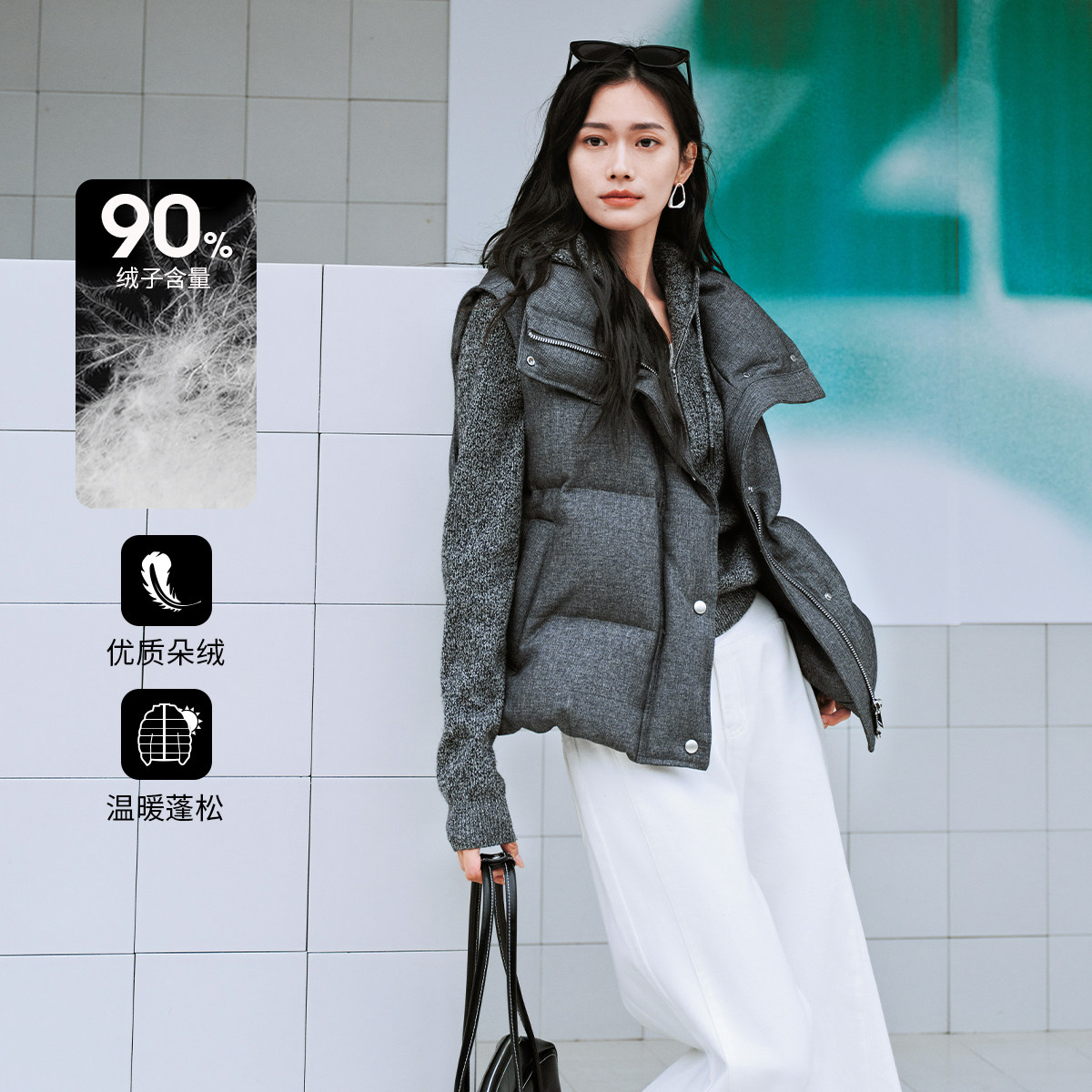 3S女装灰色简约工装风立领90白鸭绒羽绒马甲短款保暖百搭叠穿外套