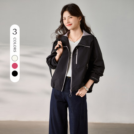 3S女装2025秋季新款户外休闲风立领连帽短外套女宽松百搭减龄夹克