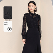 冬季 法式 复古蕾丝立领长袖 3S女装 上衣女黑色气质打底衫 优雅名媛风