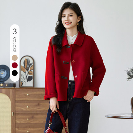 3S女装冬季小短款按扣门襟翻领显瘦复古风绵羊毛外套女