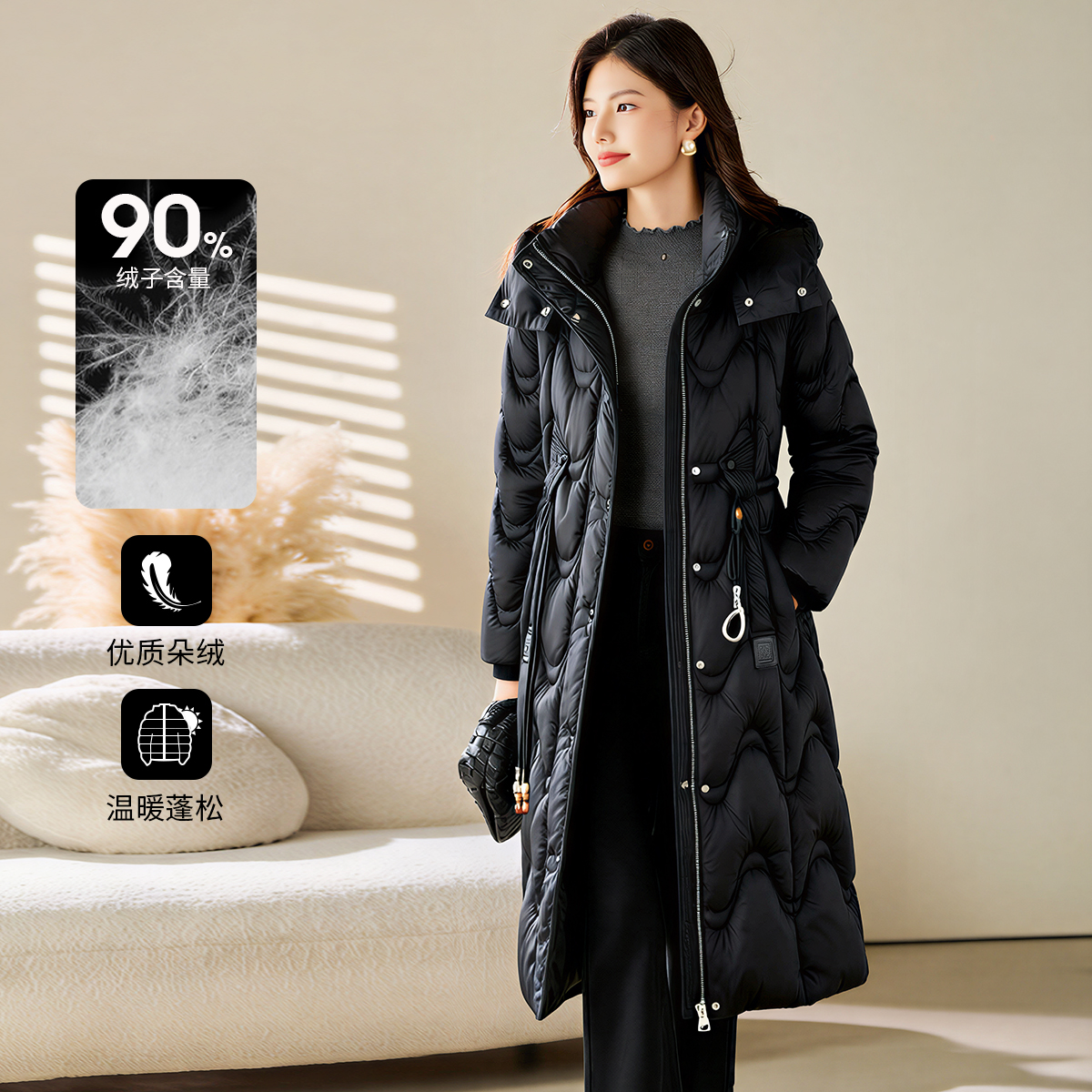 3S女装2025冬黑色连帽中长款90绒子含量羽绒服女收腰显瘦保暖外套