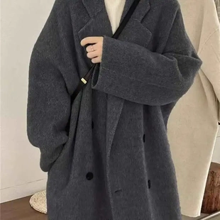 深灰色慵懒宽松感毛呢大衣女秋冬新款小个过膝中长款呢子外套