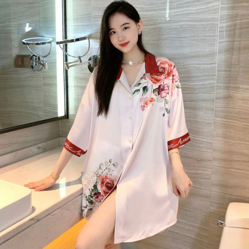 夏季睡衣女士性感可爱甜美宽松大码冰丝衬衫睡裙可外穿纯欲家居服