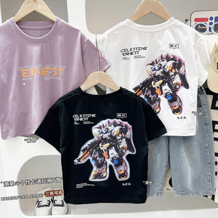 2026夏季儿童短袖T恤男孩子学生机甲战士印花宽松棉质半袖上衣潮