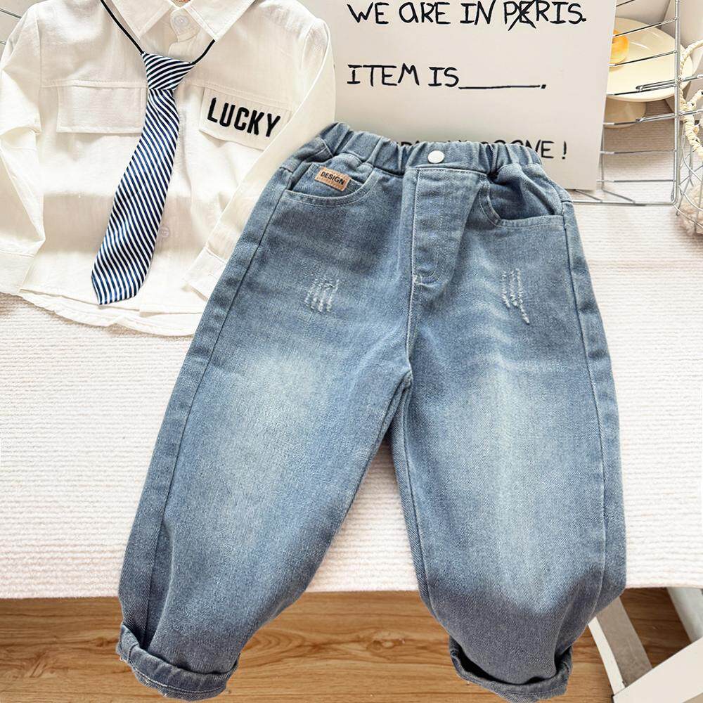 儿童纯色磨破牛仔裤 春秋新款男孩子洋气长裤子宝宝柔软休闲单裤