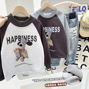 儿童宽松一体绒卫衣 秋冬女童洋气卡通圆领衫 中长款保暖加厚上衣