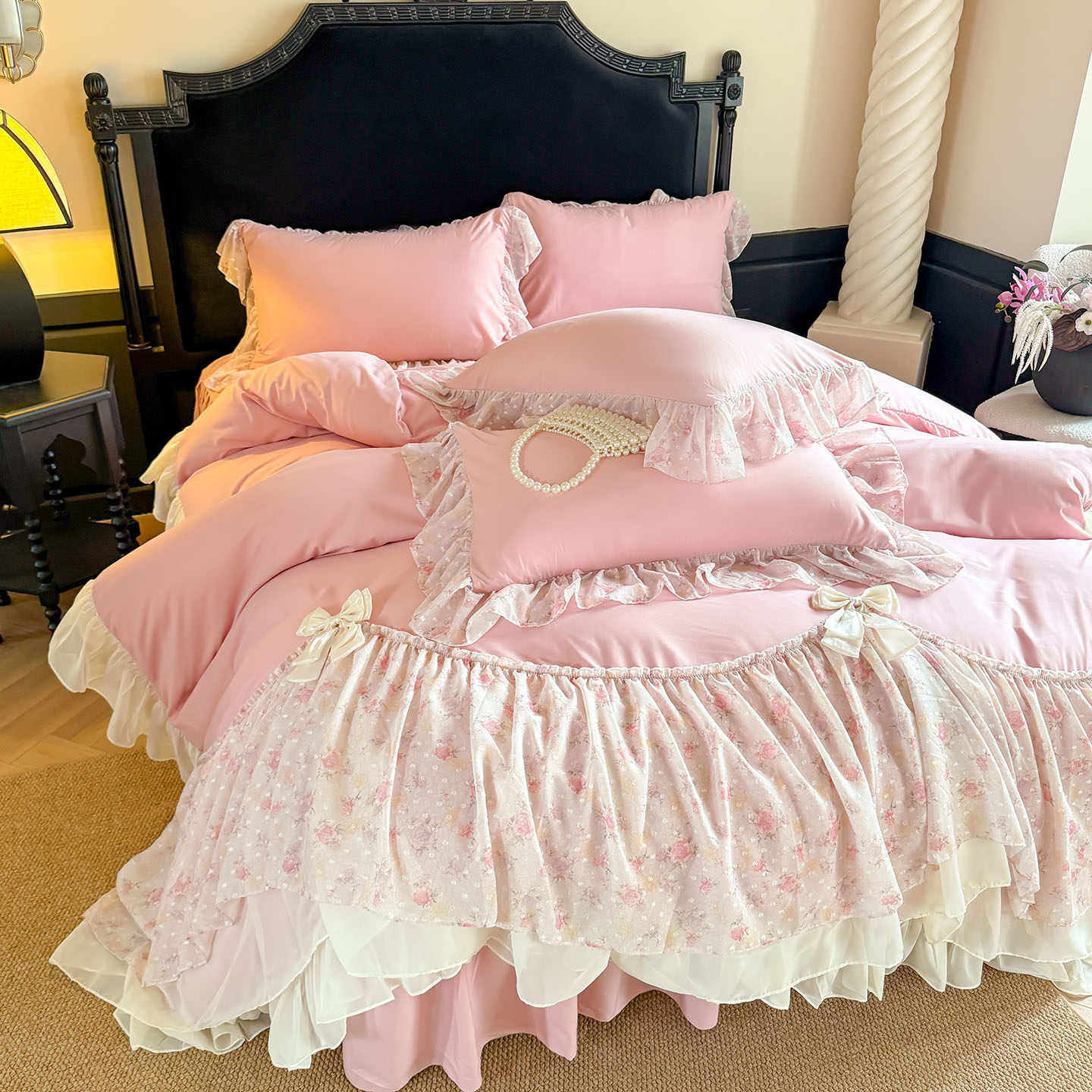 法式公主风水洗棉床裙四件套2026新款少女心蕾丝花边刺绣被套床单