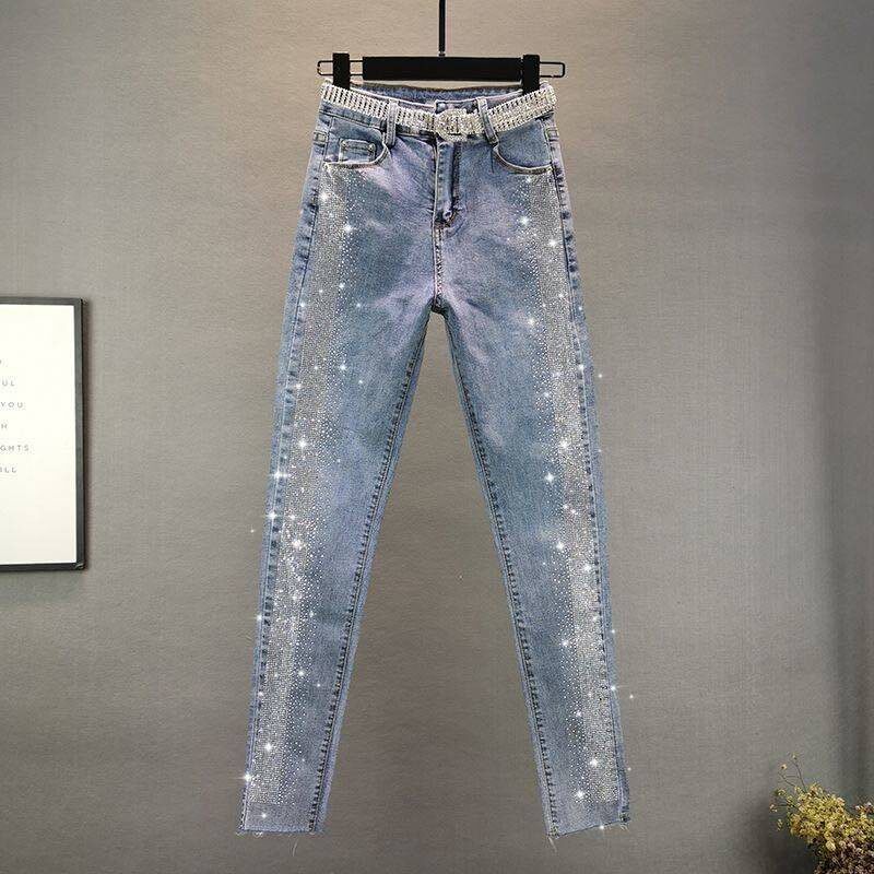 欧洲站新款重工休闲气质高腰显瘦烫钻修身弹力直筒九分牛仔裤女潮