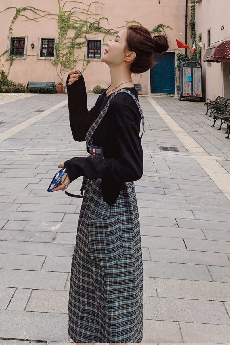 现货拼接格子连衣裙长袖S2136P115K168,女装连衣裙,2C073